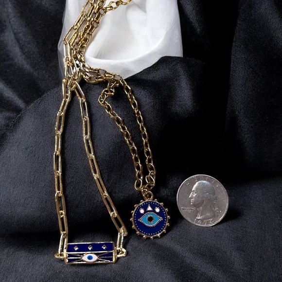 Gold toned and Blue Evil Eye Necklace Set Layer or wear alone - Picture 16 of 16